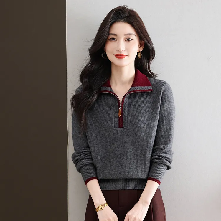 正品女装翻领拉链针织衫上衣秋冬新款毛衣时尚洋气显瘦百搭打底衫