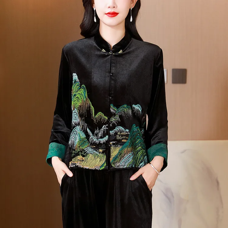 中年妈妈秋装洋气金丝绒唐装2025新款阔太太中老年人刺绣春秋外套