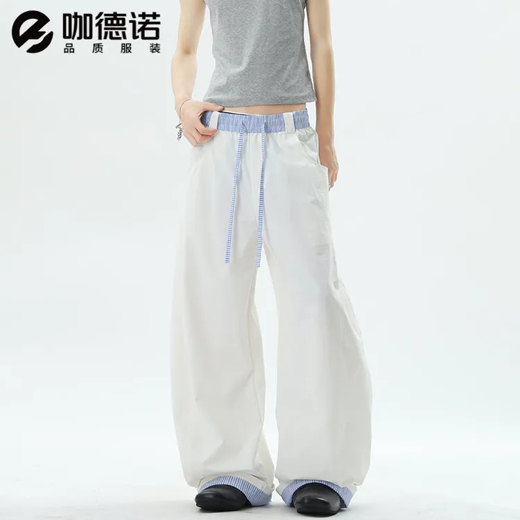 2025新款美式格纹拼接腰头弯刀休闲裤男夏季宽松潮牌阔腿垂感裤子