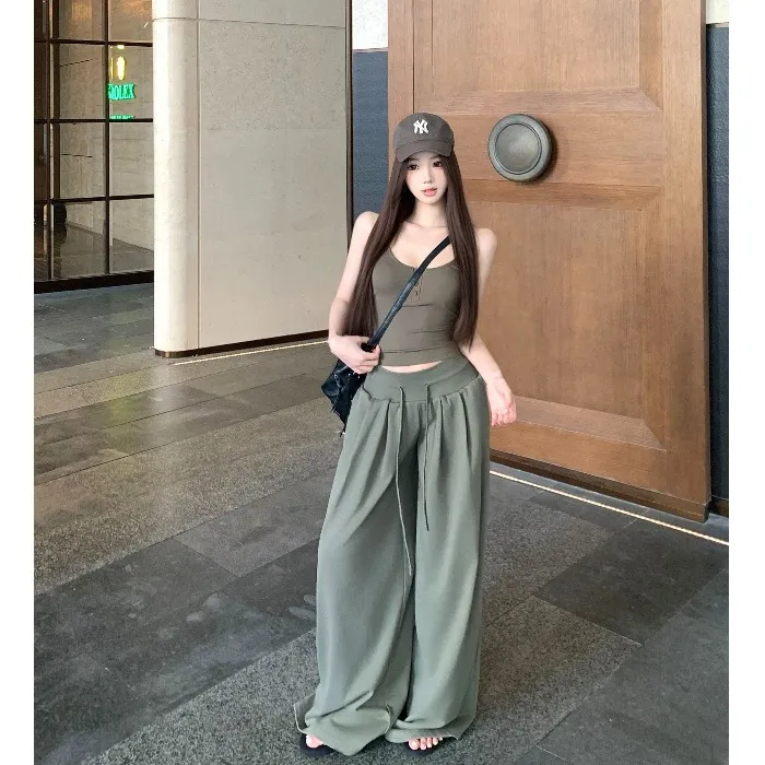 美式辣妹抽绳运动休闲裤女夏季垂感低腰卫裤宽松阔腿裤子拖地裤子