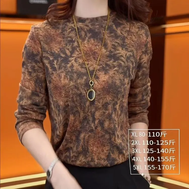 法式中年女装圆领长袖小衫2025秋季新款时尚印花妈妈装休闲上衣