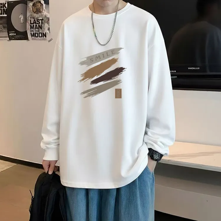 100%纯棉长袖t恤男生春秋季薄款美式大码打底衫潮流套头上衣学生