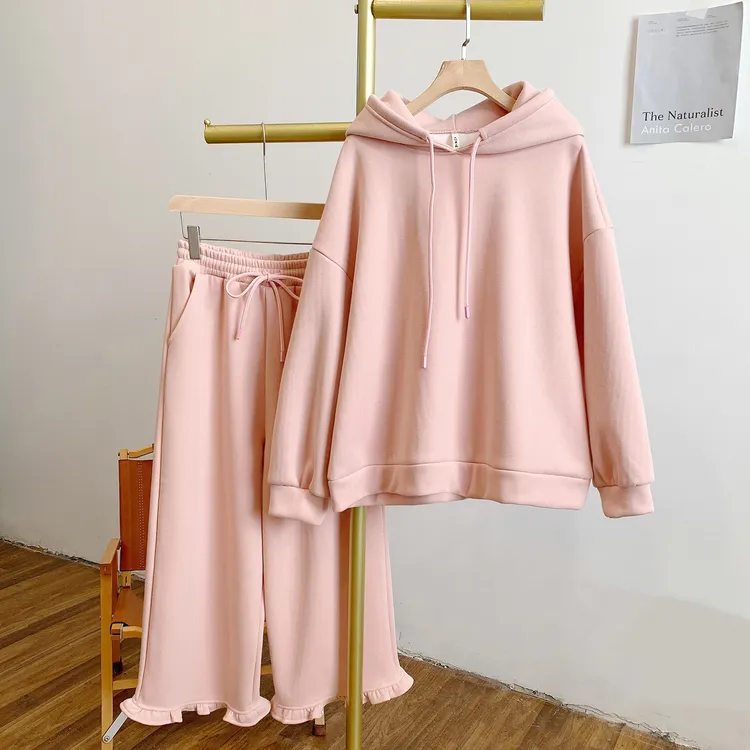 草莓蛋糕C5176加绒抽绳连帽卫衣松紧腰阔腿裤套装