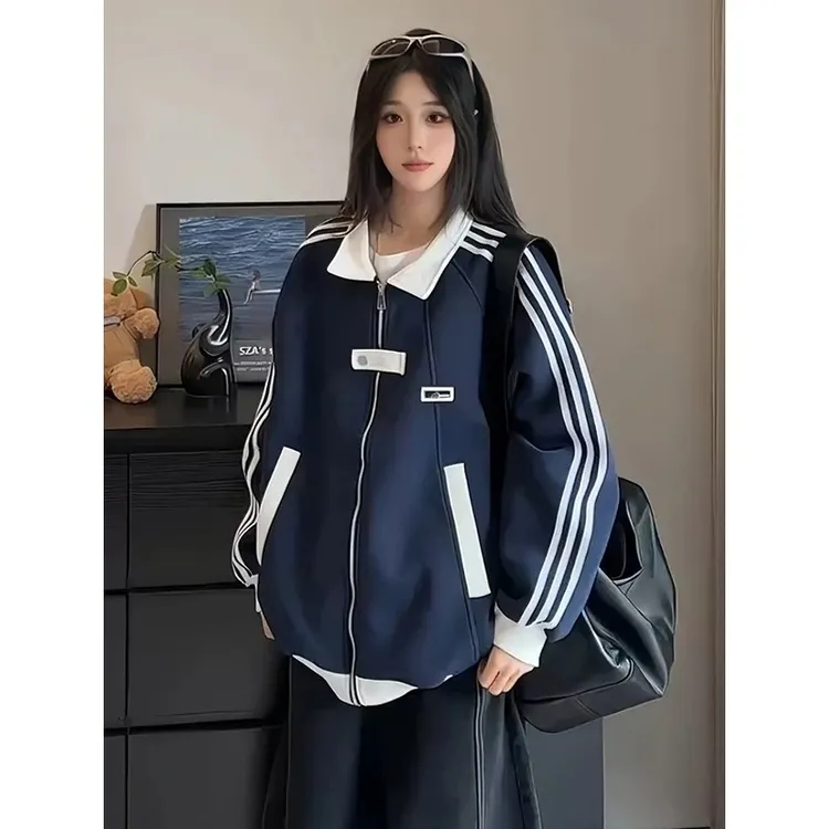 藏青色美式三条杠痞帅外套美式时尚男士条纹卫衣开衫重磅立领夹克