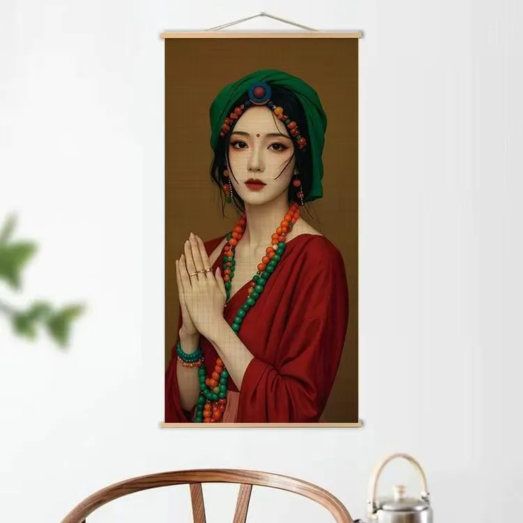 西藏少女卓玛实木挂画客厅玄关装饰画禅意茶室书房挂帘卷轴