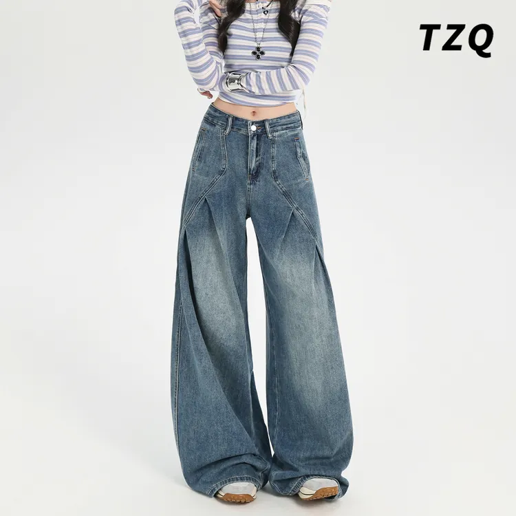 蓝色设计感褶皱阔腿牛仔裤女秋高腰宽松直筒垂感拖地裤TZQ2592228