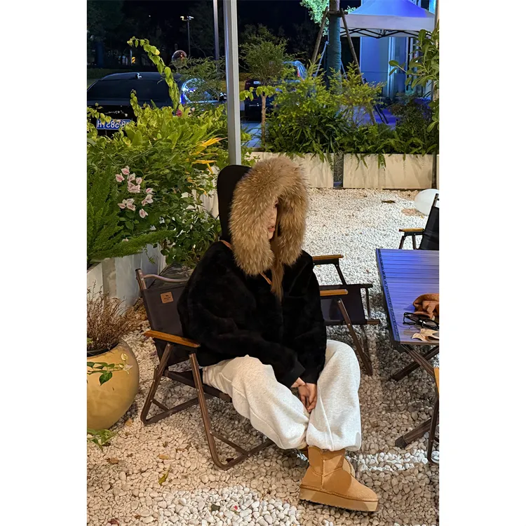 人造皮草 NN CHIC冬女毛领连帽双面穿仿羊毛环保皮草毛毛外套2563