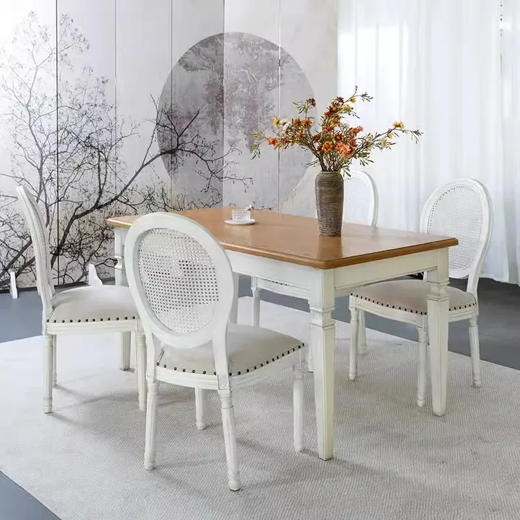 法式田园实木餐桌椅组合小美式乡村原木风橡木饭桌长方形洽谈桌子