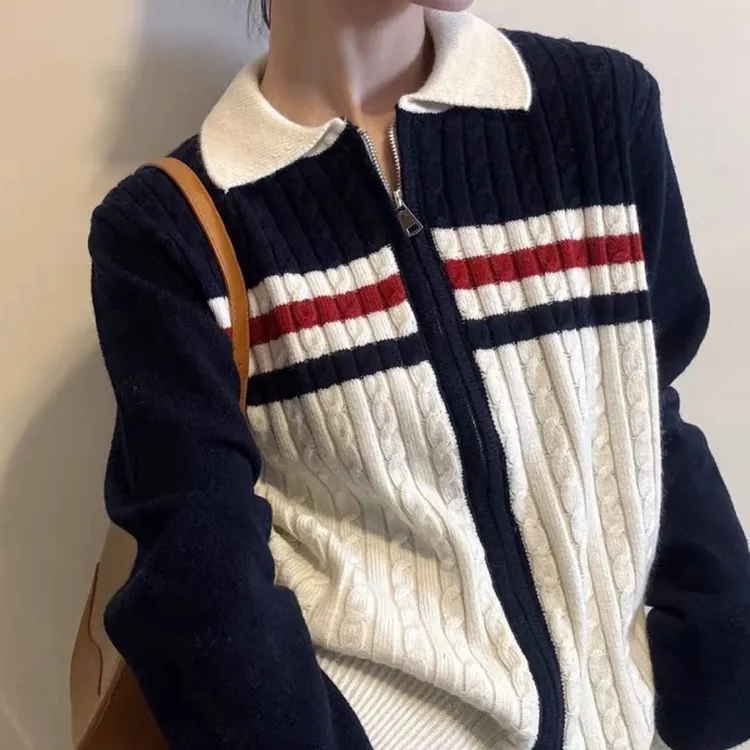 小众设计感拼色翻领双拉链麻花针织开衫女韩国学院风减龄毛衣外套