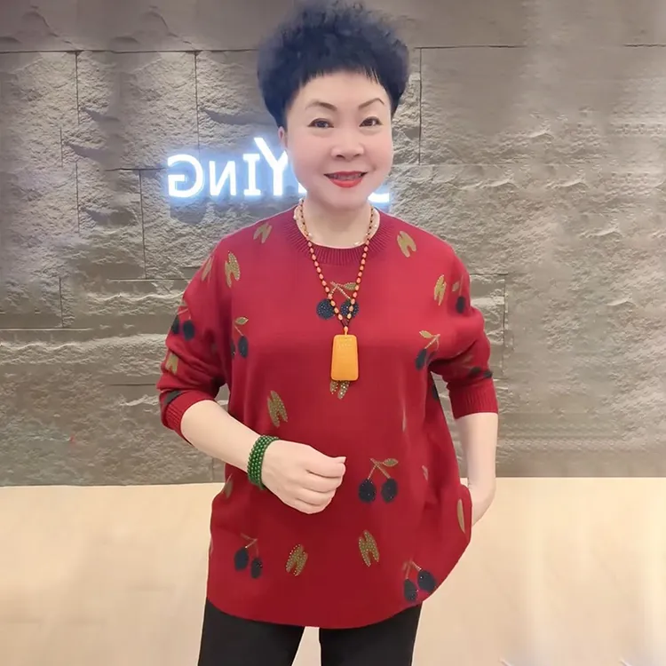 新品亮钻樱桃圆领针织衫女宽松显瘦保暖毛衣休闲百搭精品时尚女装