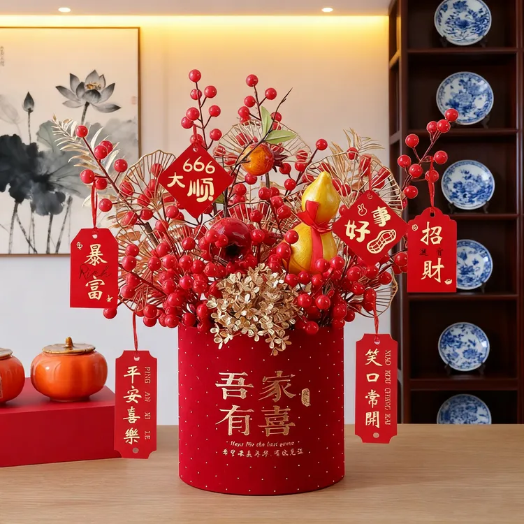 新年快乐红果发财果福桶新年客厅居家开业乔迁装饰仿真花喜庆摆件