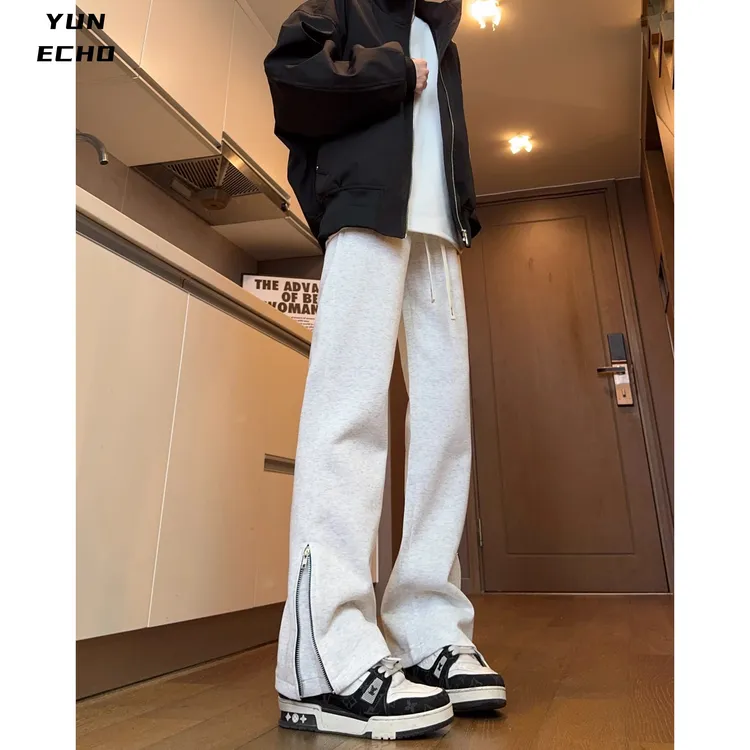 美式微喇拉链卫裤男女新款显高显瘦长裤子纯色百搭休闲直筒运动裤