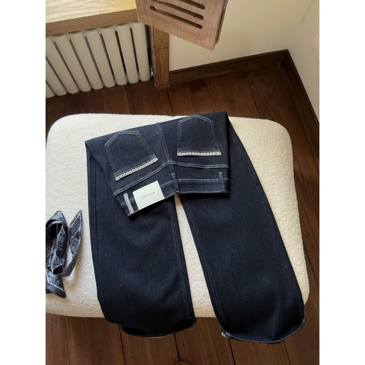 丹宁蓝条纹拼接阔腿牛仔裤女2025秋季新款防掉色小众宽松直筒裤子