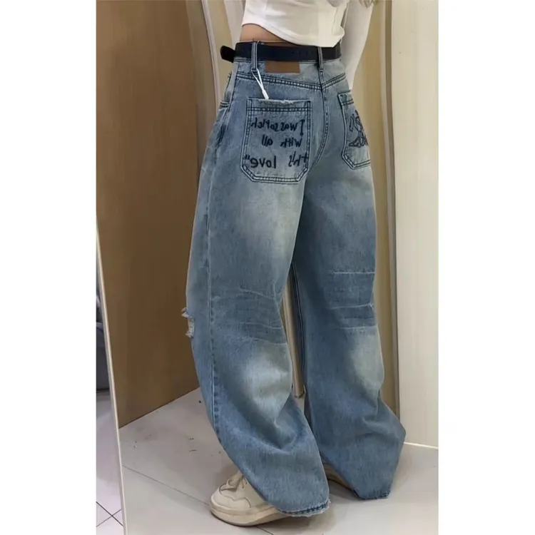 曼曼【神裤续约】 美式宽松显字母刺绣破洞显瘦阔腿牛仔裤女