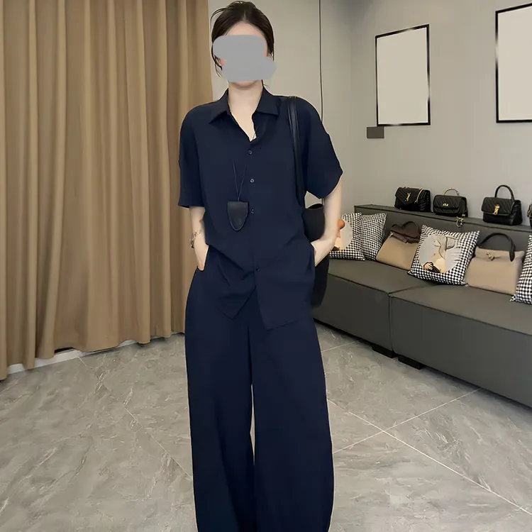2025新款夏季法式高级感翻领短袖衬衫高腰阔腿裤简约休闲两件套女