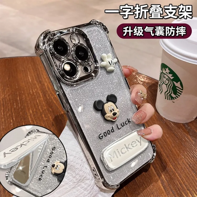 适用米奇公仔苹果16promax电镀防摔支架手机壳华为/oppo/vivo小米