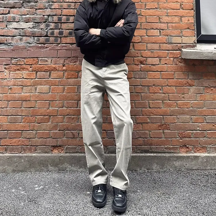 AUTICUP 美式立体裁剪纯色硬汉做旧百搭四季卡其色直筒长裤工装裤