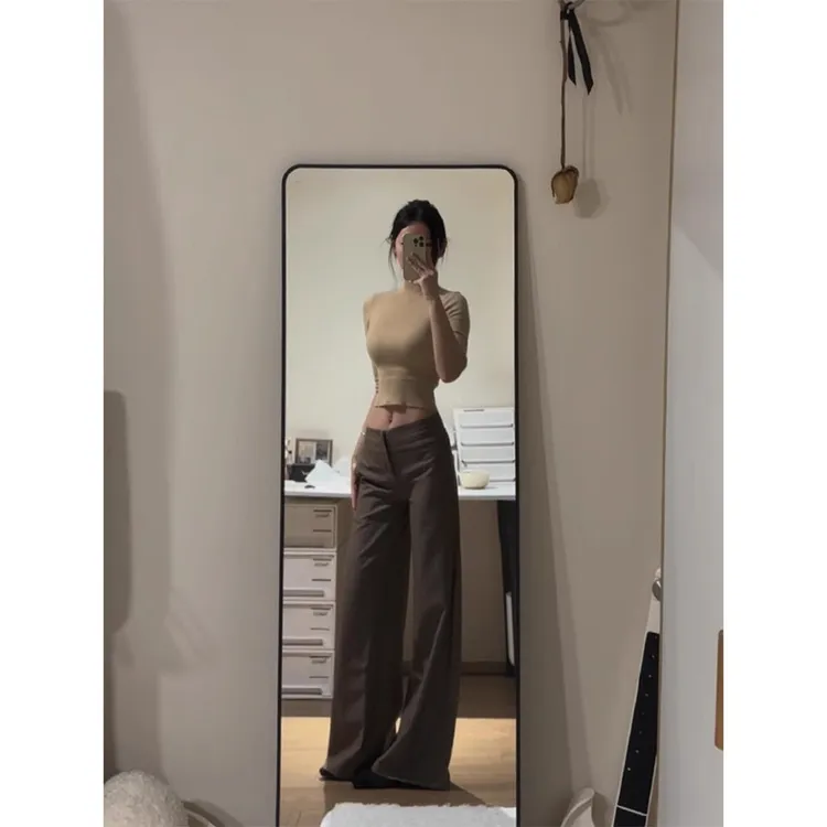 美式辣妹咖色低腰直筒休闲裤女秋冬季宽松显瘦垂感喇叭拖地长裤子