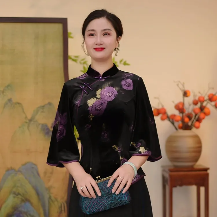 瓷萱【紫墨】秋款旗袍上衣国风七分袖丝绒新中式牡丹女士复古小衫
