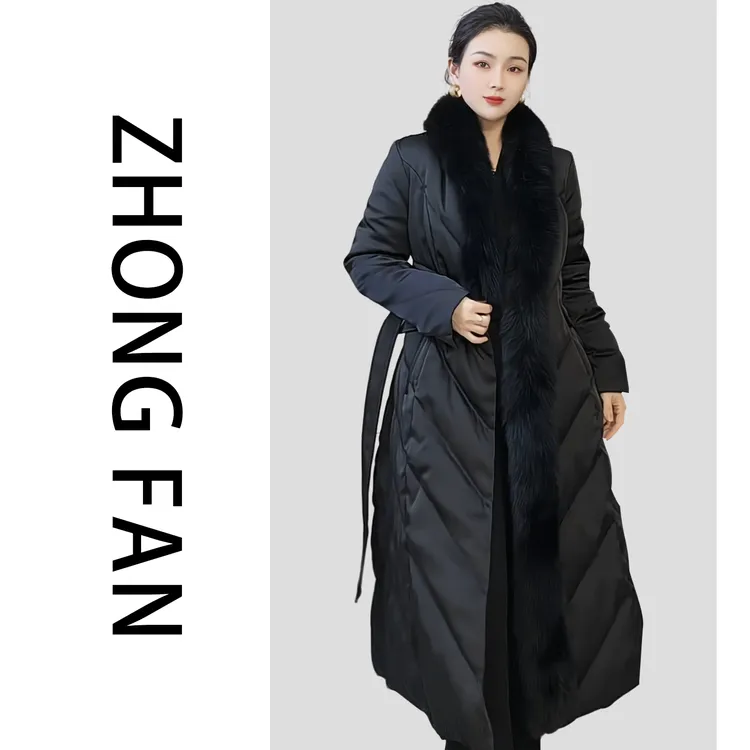 冬季黑色保暖时尚气质收腰显瘦长条狐狸毛领中长款鹅绒服24149