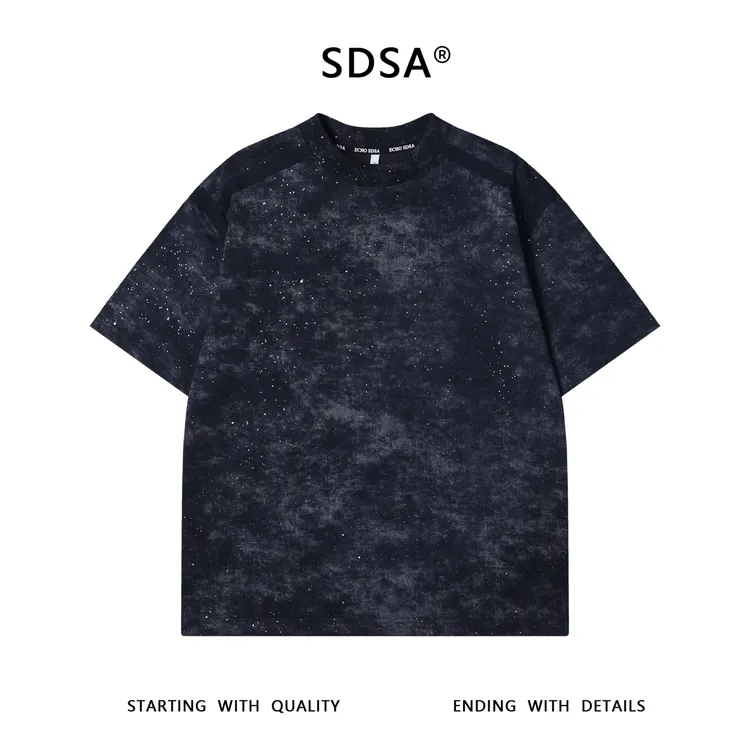 夏季高级感新款美式扎染刺绣满天星圆领短袖T恤压线百搭潮流上衣