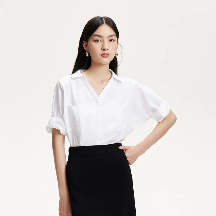 Vero Moda衬衫女2025秋季新款通勤收腰V领七分袖白衬衫325331012