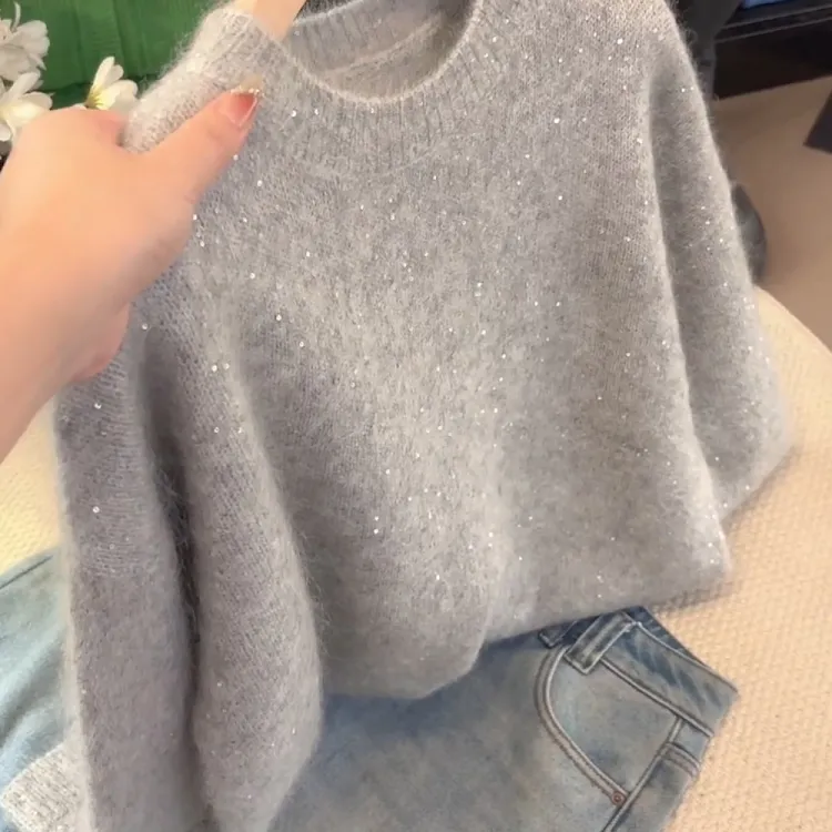 2025年冬季新款大码女装时尚韩系圆领亮片针织衫软糯毛衣长袖上衣