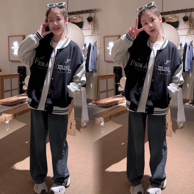 女童春秋新款字母刺绣棒球服外套韩系牛仔阔腿裤套装中大童2025
