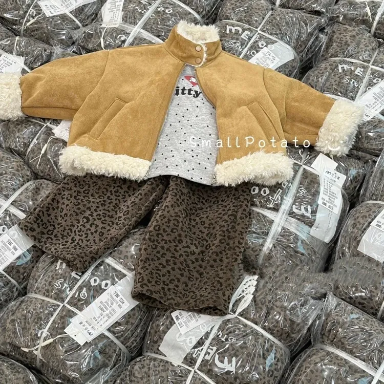 2025冬季新款女童洋气麂皮绒外套儿童皮毛一体立领机车服百搭裤子