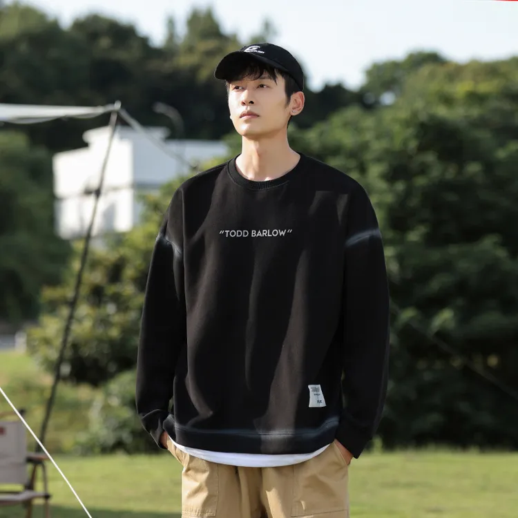 鲲海鹏云男装秋季新款圆领定制印花卫衣宽松潮牌假两件衣服男