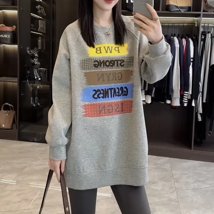 秋冬保暖侧开叉拉链中长款女装圆领上衣印花刺绣韩版字母卫衣