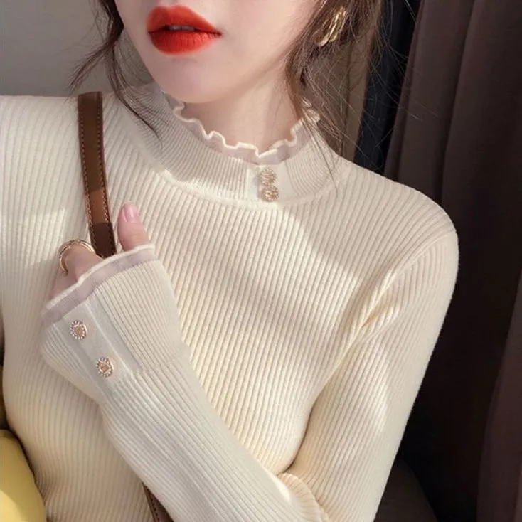 花边蕾丝半高领打底衫女秋冬洋气2025年新款毛衣内搭针织秋冬上衣