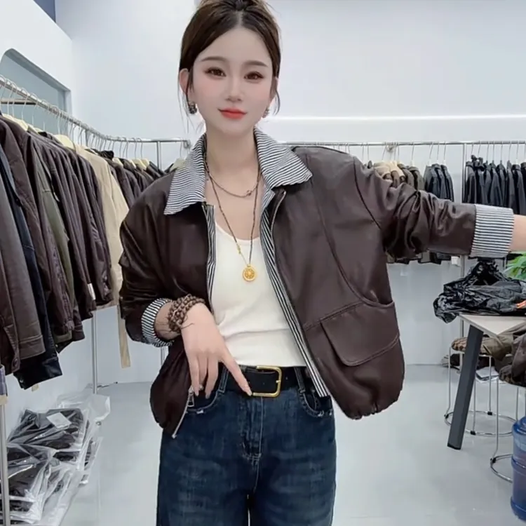 宽松条纹拼接假两件法式皮衣外套女2025春秋新款显瘦PU皮夹克短款