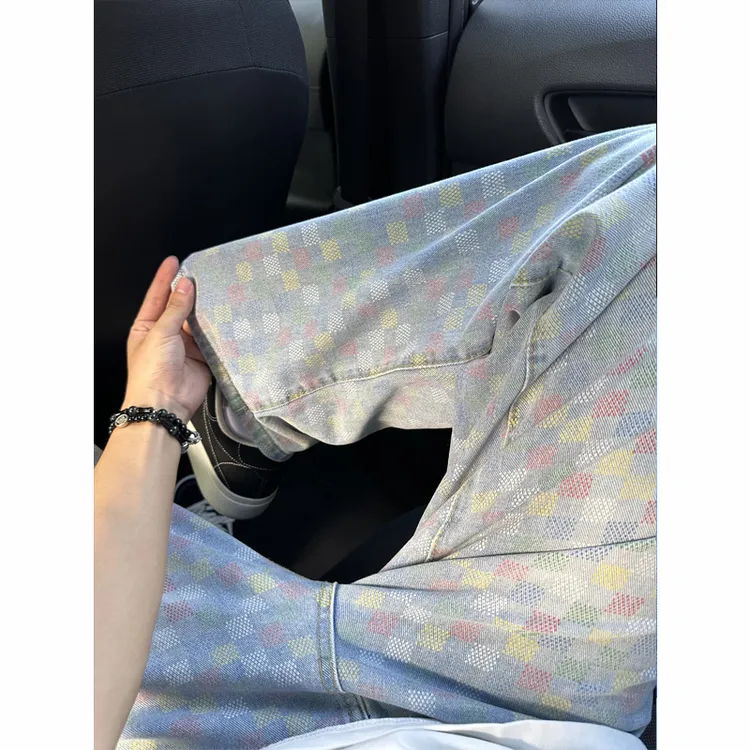 美式彩色格子牛仔裤男款直筒cleanfit裤子高街vibe潮牌情侣休闲裤
