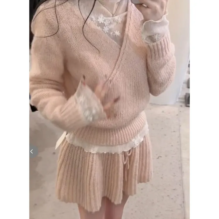 韩系秋冬甜美风洋气设计感内搭休闲上衣两件套高腰a字半身裙套装