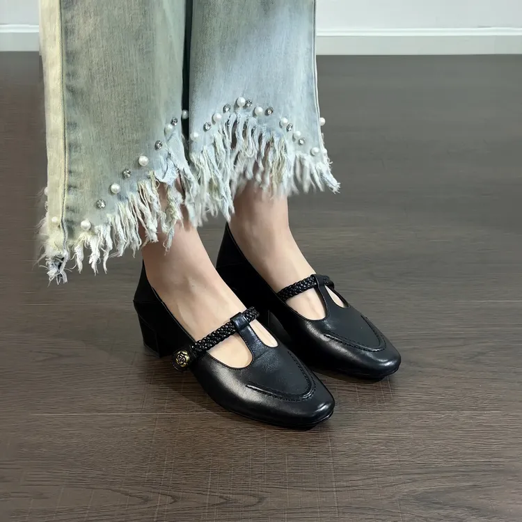 3cm/2495牛皮浅口粗跟玛丽珍鞋女春秋百搭真皮圆头软底中跟单鞋