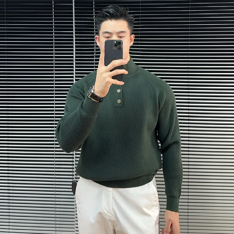 纽扣领高领针织衫冬季立领保暖针织衫毛衣秋冬男士高领外穿毛线衣