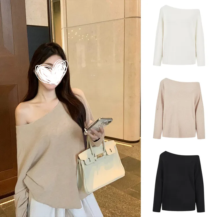 Moses Queen/魔西女王慵懒风宽松显瘦露肩长袖T恤蝙蝠袖针织上衣