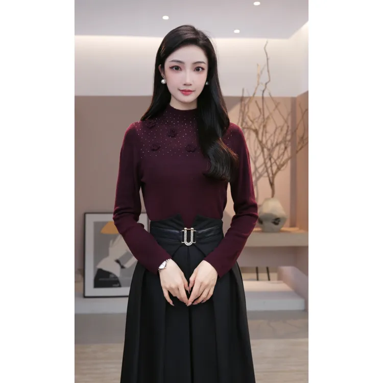 唐熹2025新款【JR-21】含绵羊毛针织衫烫钻提花精致修身百搭毛衣女