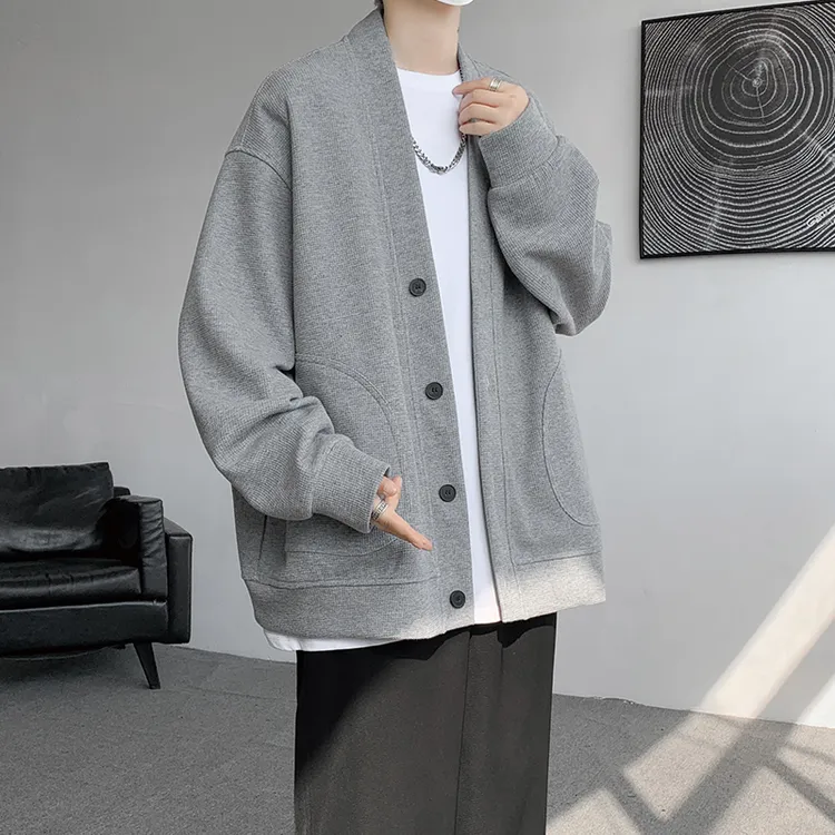 QNMN男女同款慵懒感华夫格开衫外套大码宽松显瘦百搭纯色高级上衣