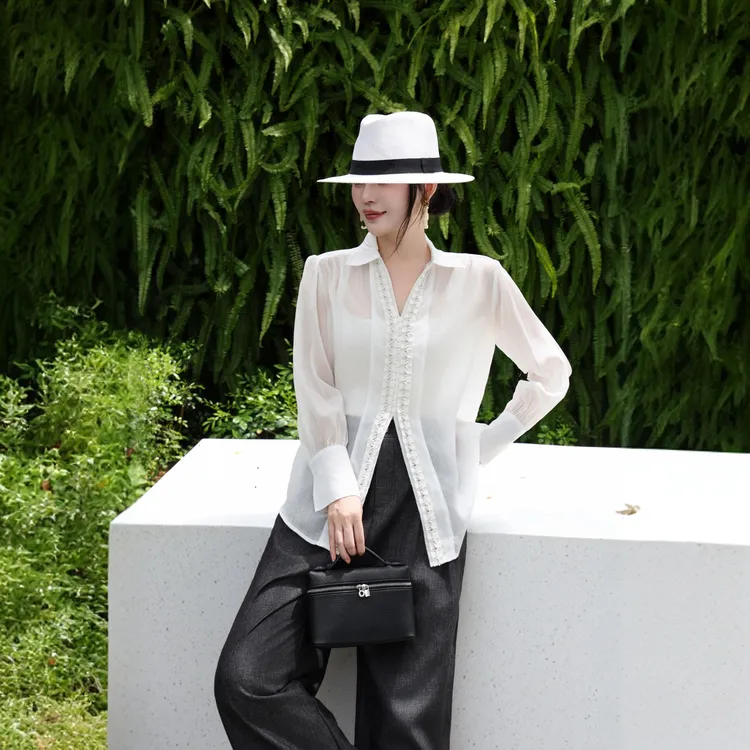 2025新款老钱风天丝苎麻白色衬衫 刺绣宽松薄款百搭衬衣