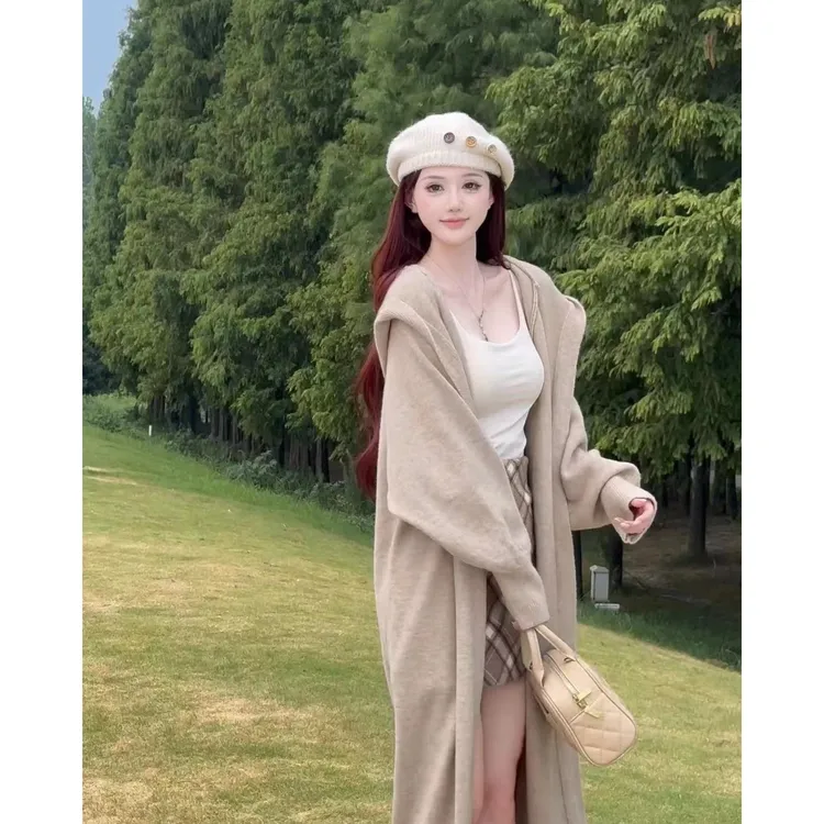 3009慵懒风纯色宽松温柔风高级针织高级显瘦时尚长款开衫毛衣外套