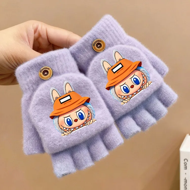 拉布布儿童冬季男女童可爱卡通保暖五指套加绒加厚翻盖写作业手套