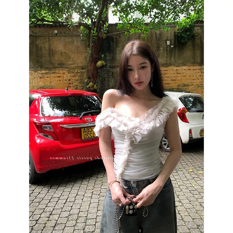 单肩荷叶边褶皱薄款修身小衫女夏法式温柔风显瘦百搭设计感雪纺衫