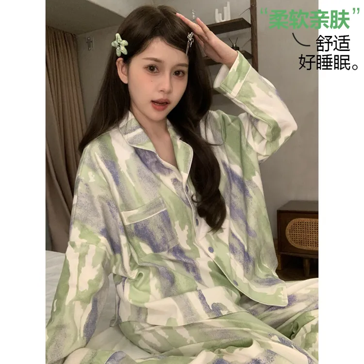 2025年新款ins睡衣女春秋季网红抹茶绿扎染夏季薄款长袖家居服女