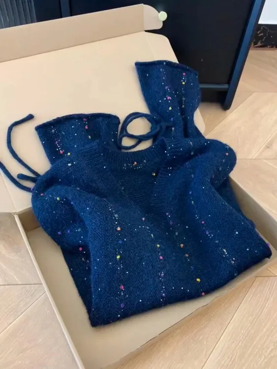 藏蓝色v领套头长袖宽松毛衣女2025秋季新款慵懒风高级感软糯上衣