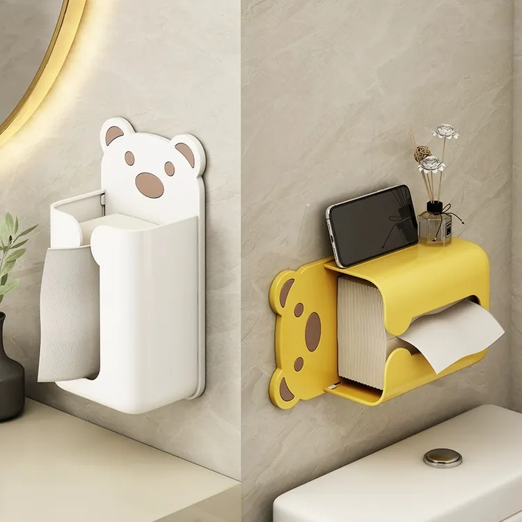 卡通熊壁挂纸巾盒加厚免打孔客厅卫生间收纳盒多功能洗脸巾收纳盒