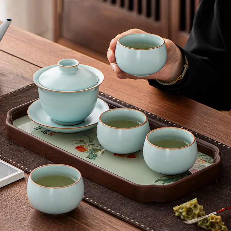 汝窑盖碗茶杯单个大号泡茶家用天青三才杯陶瓷会客功夫茶具冰裂釉