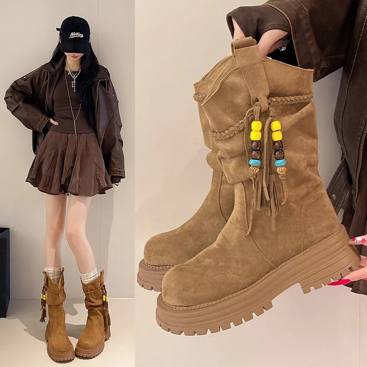 美拉德西部牛仔靴堆堆靴女2025新款秋冬厚底马丁靴废土风流苏短靴