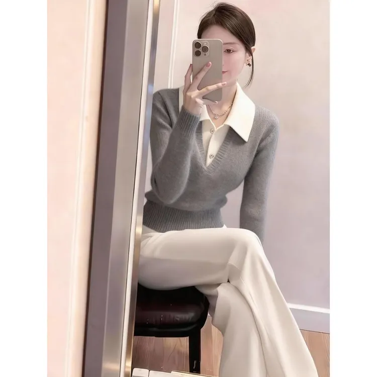 慵懒小众翻领针织衫女2025秋冬新款气质轻熟假两件软糯打底衫上衣